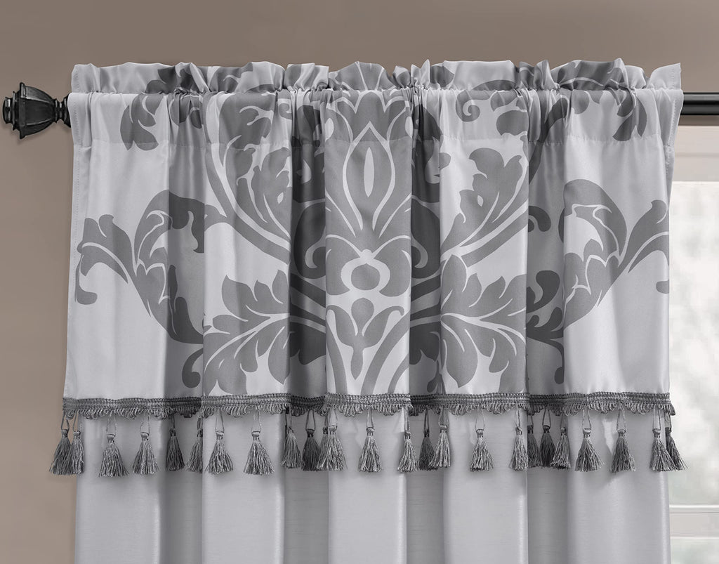Royale 4-Piece Jacquard Floral Window Curtain/Drape Set with Sheer Backing Valance Tassels, Silver/Gray