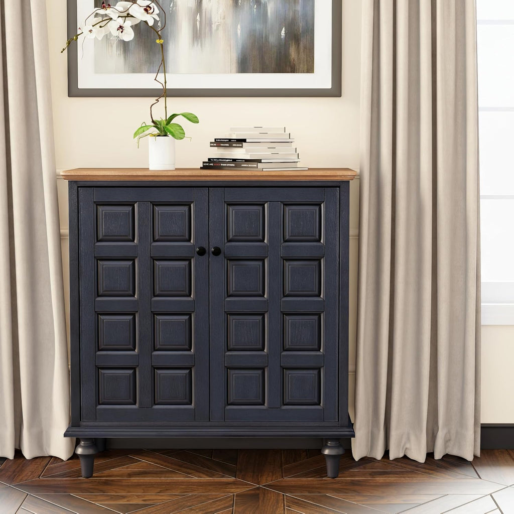 Retro 2 Door Storage Cabinet with Plaid Pattern Front, Vintage Side Table , Handles, Two-Shelves, Pine Wood, Dark