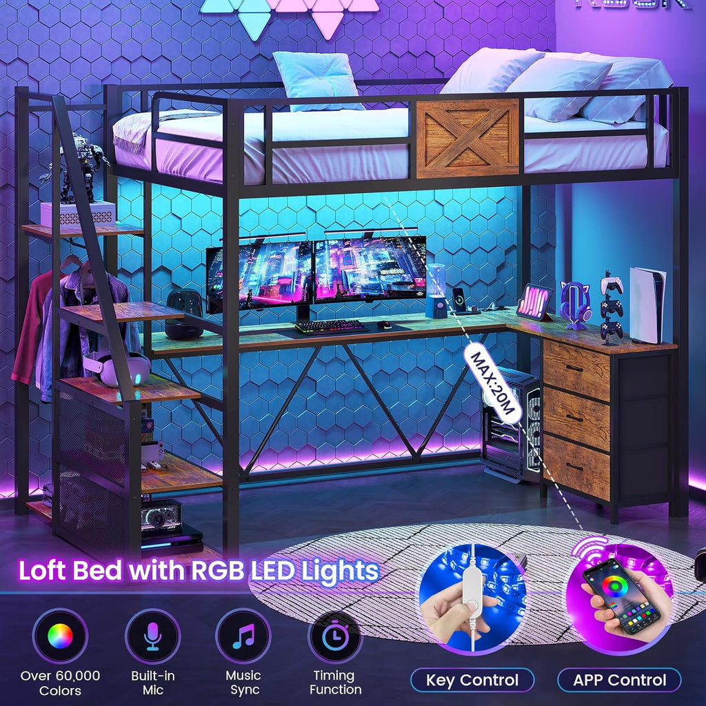 Stairway Twin Loft Bed with L Shaped Desk and Wardrobe, Metal Loft Bed Frame with Storage Stairs, 3 Fabric Drawers