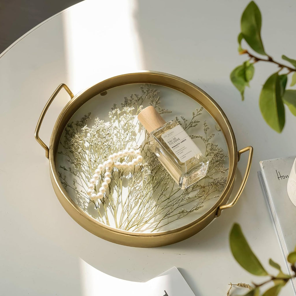 Decorative Tray with Natural Dried Botanical Grass, Round Gold Metal Frame, Mirror Glass Serving Tray, Vintage