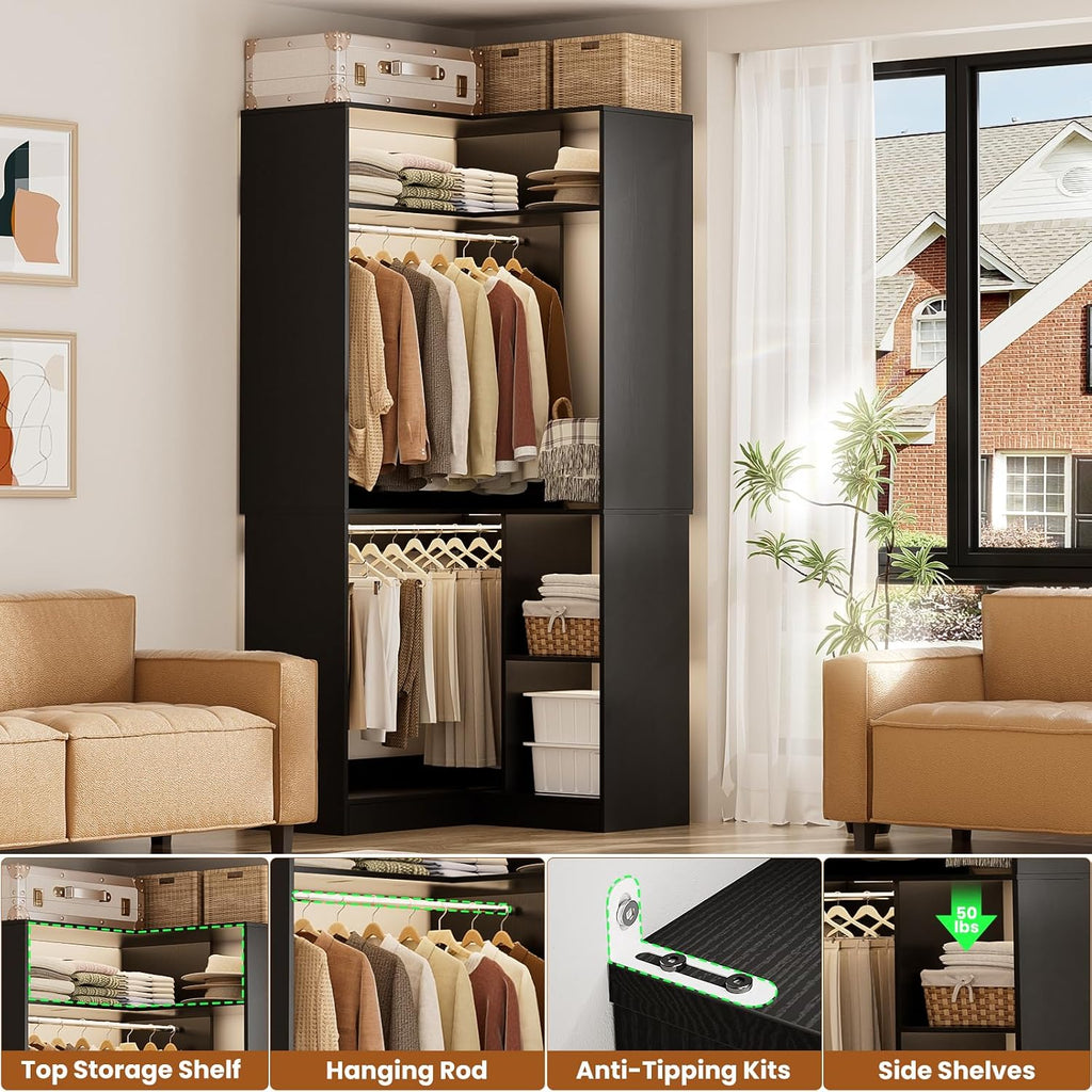 Corner Closet System with Shelves, Closet Organizer System with Hanging Rods, Wood Walk-in Closets for Corner Small