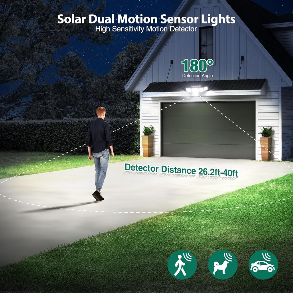 Solar Lights Outdoor, 6000LM 310 LEDs Dual Motion Sensor Solar Flood Lights 6 Heads Security Wall Lights, IP65