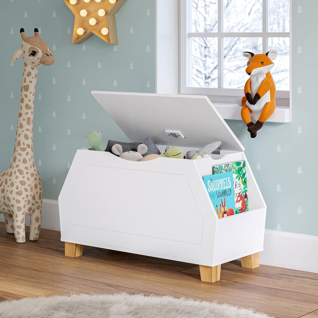 Kids Catch-All Toy Box with Side Bookshelves - White | Versatile Playrooom Storage Organizer with Book Racks