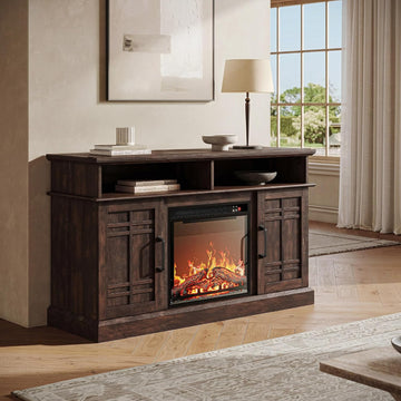 48" TV Stand with 18" Electric Fireplace Heater, Modern TV Stand for TVs up to 50", Entertainment Media Stand with Open Shelves and Storage Cabinets for Living Room, Bedroom (Espresso)