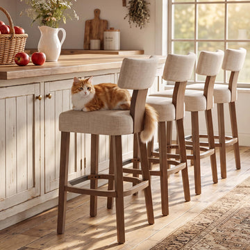 30'' Extra Tall Farmhouse Bar Stools Set of 4, Linen Upholstered Bar Height Stools with Curved Back, Solid Hardwood