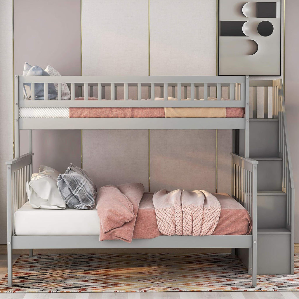 Twin Over Full Bunk Bed with Stairs, Wood Bed Frame with Storage Space and Guard Rail for Bedroom, Dorm, for Teens