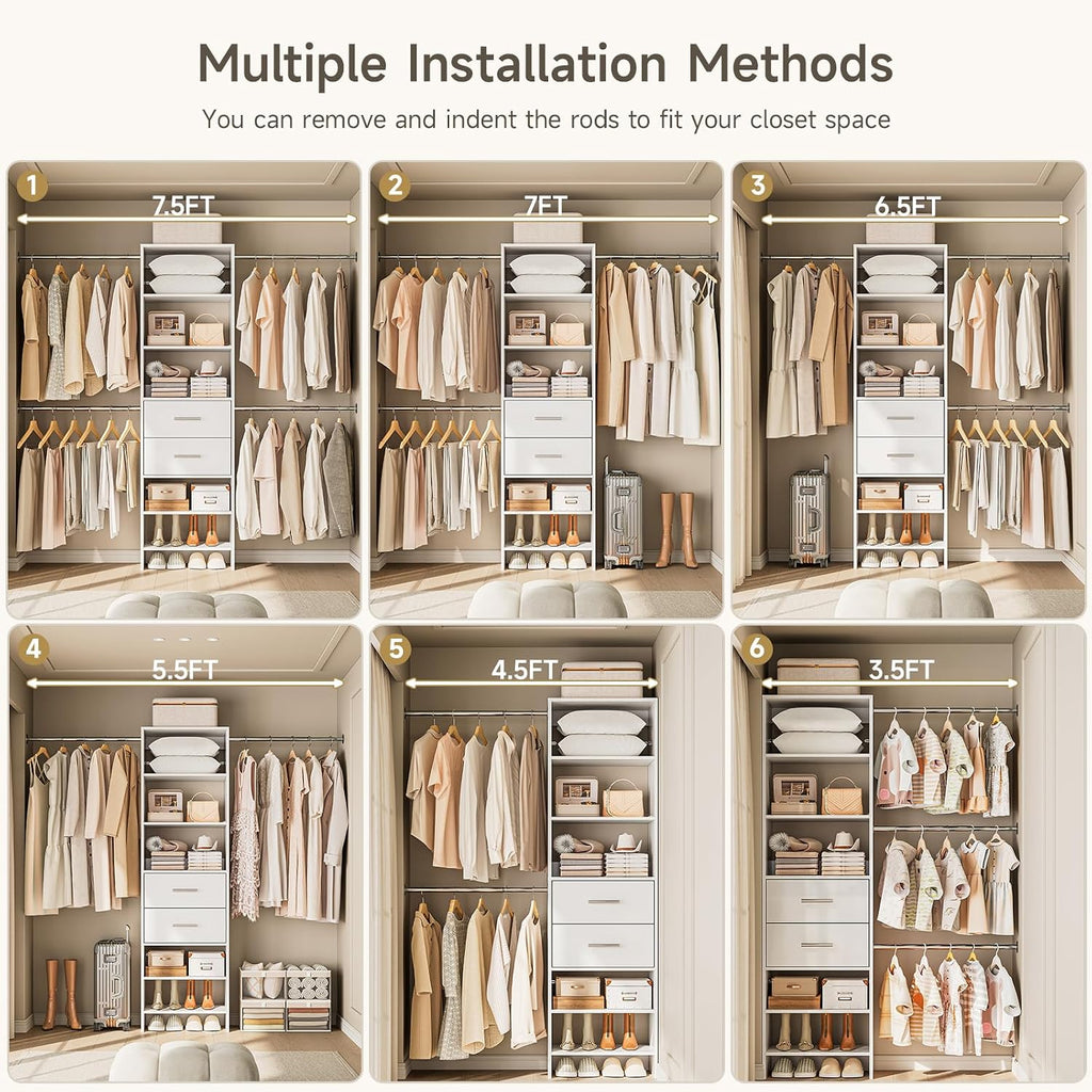 W2 Closet System with 2 Drawers, 3.5FT-7.7FT Closet Organizer System with 4 Chrome-Plated Telescopic Rods & 5