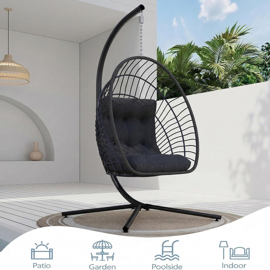 Hanging Egg Chair with Stand Indoor Outdoor, Foldable Rattan Wicker Hammock Egg Swing Chair Porch Patio Garden