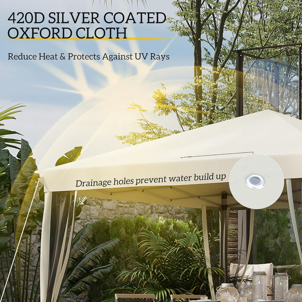10' x 10' Pop Up Canopy Tent with Netting, Instant Gazebo, Screen House Room with Carry Bag, Height Adjustable Beige