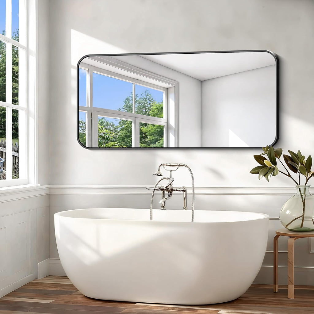 Black Bathroom Mirror, 66x30 inch Aluminum Metal Frame Rectangular Vanity Mirror, Large Wall Mounted Rectangle Mirrors