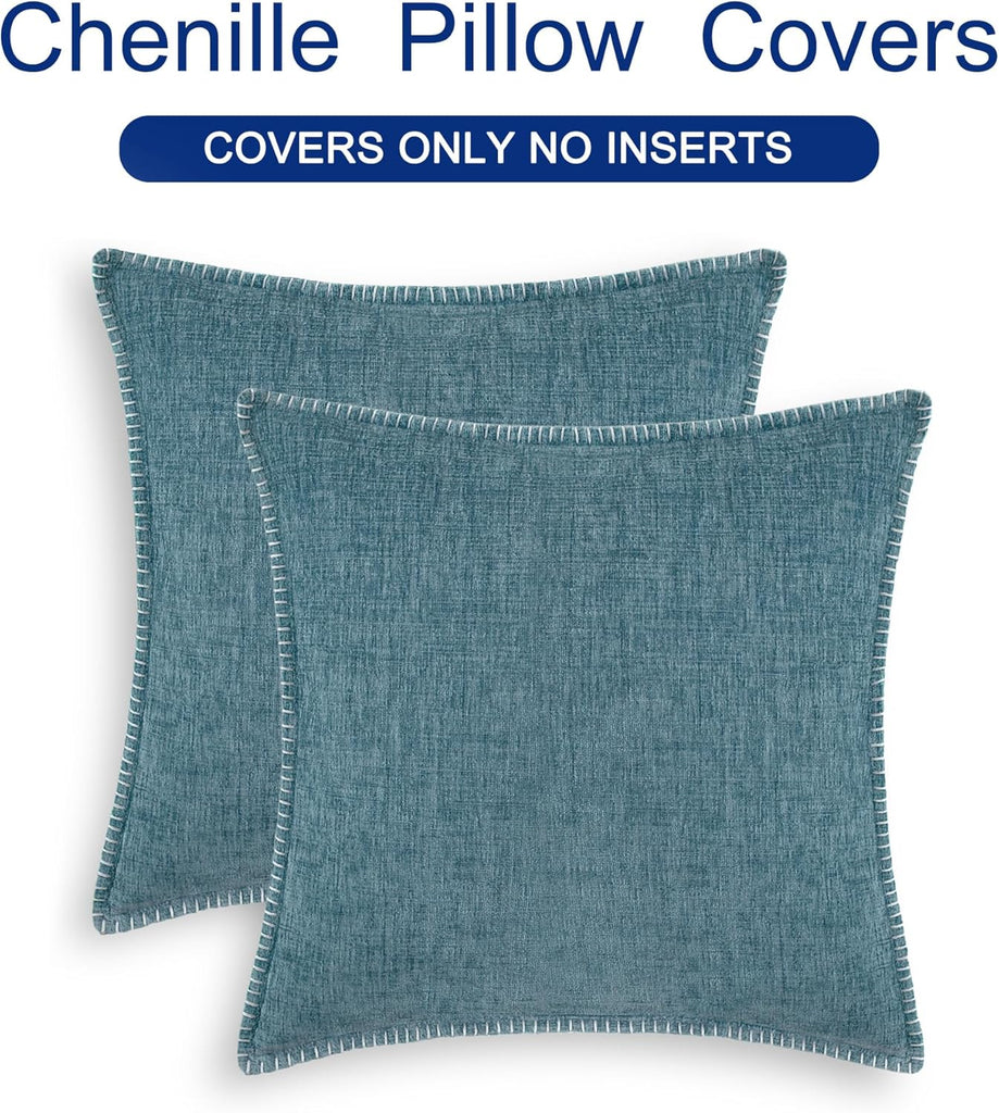 Throw Pillow Covers Decorative 18 X 18 Inches Pack of 2 Cotton Thread Stitching Edges Solid Dyed Soft Chenille