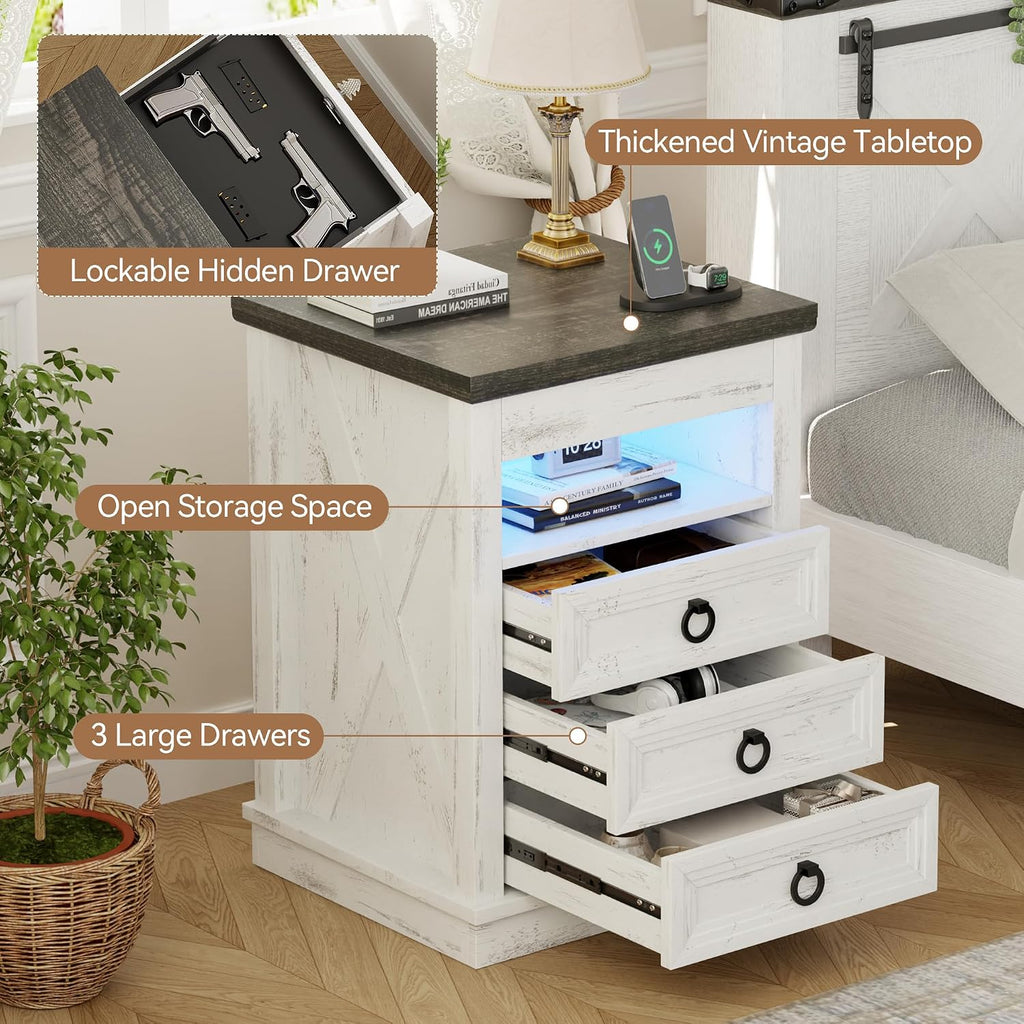 Farmhouse Nightstand with Gun Drawer Set of 2, Human Sensor LED Bedside Table with LED Lights & Charging Station