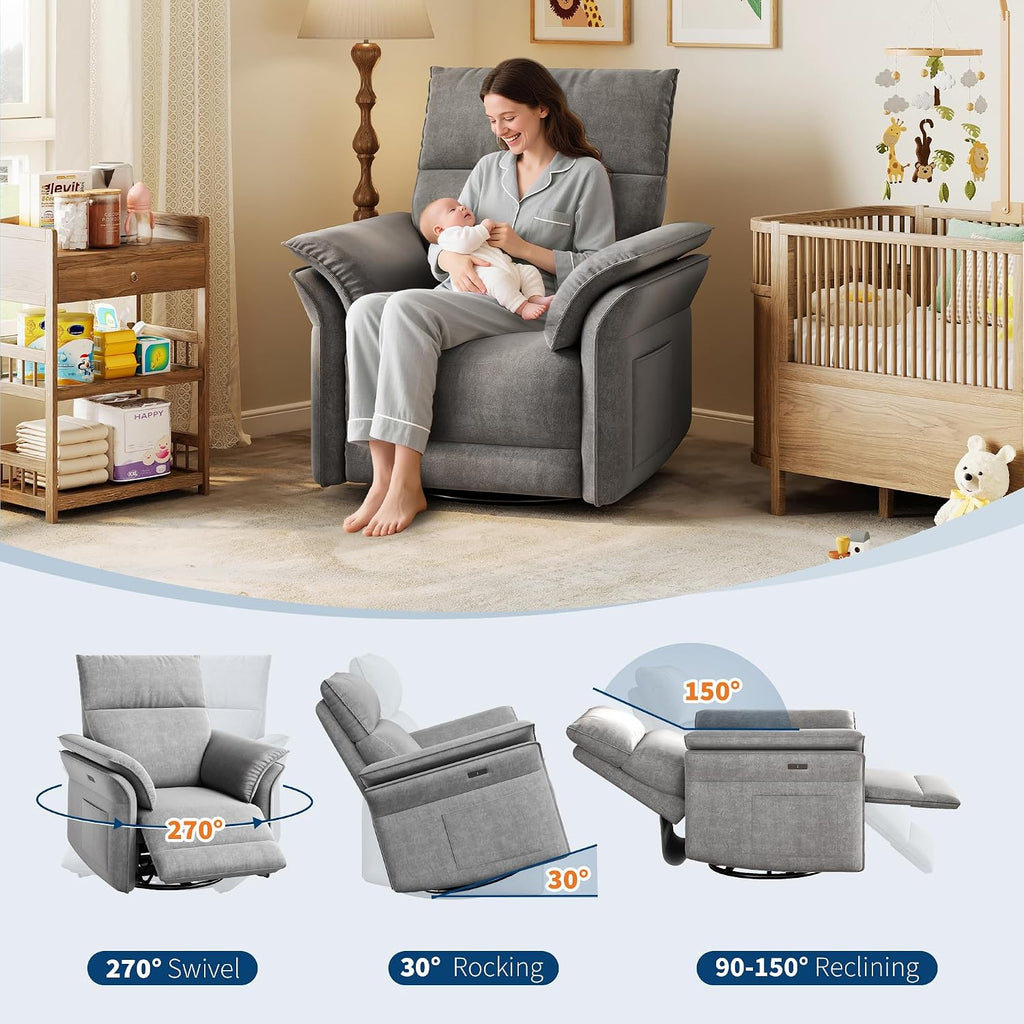 Power Recliner Glider Chair with Smooth Swivel and Rocking Motion Adjustable Recline USB Charging Port Premium