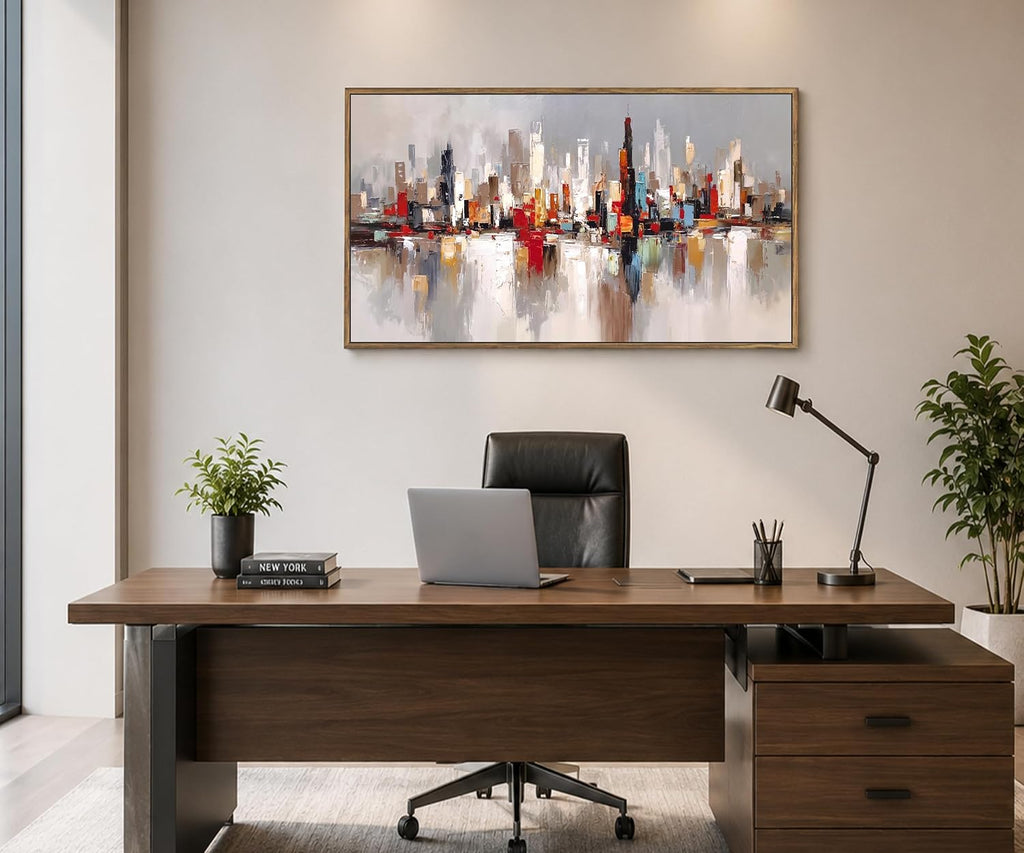 Large Modern Cityscape Wall Art, Framed Abstract Skyline Canvas Artwork, Contemporary Urban Decor Bedroom Office