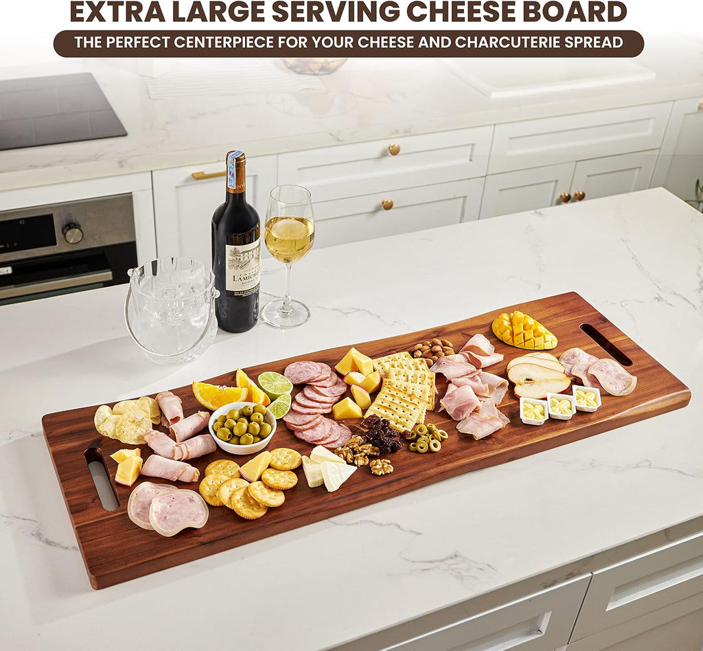 36" Large Acacia Wood Charcuterie Board, Built-in Handles, Raw Edge | Dual-sided Design, Extra Long Wooden Serving