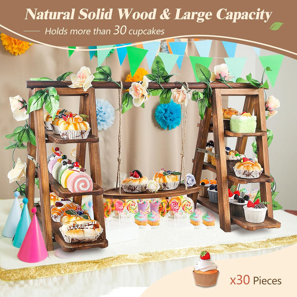 Wooden 3 Tier Cupcake Stand with Swing and Flower Decoration Serving Removable Tray Display Serving Ladder Foldable