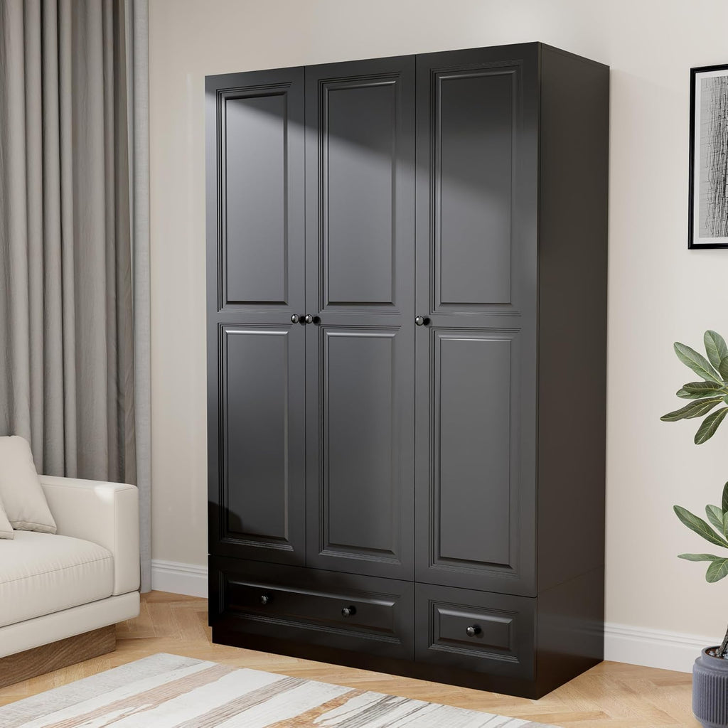 Armoire Wardrobe Closet with Drawers: 47" Black Wardrobe Closet with 3 Doors and 2 Drawers, Wood Clothes Armoire with