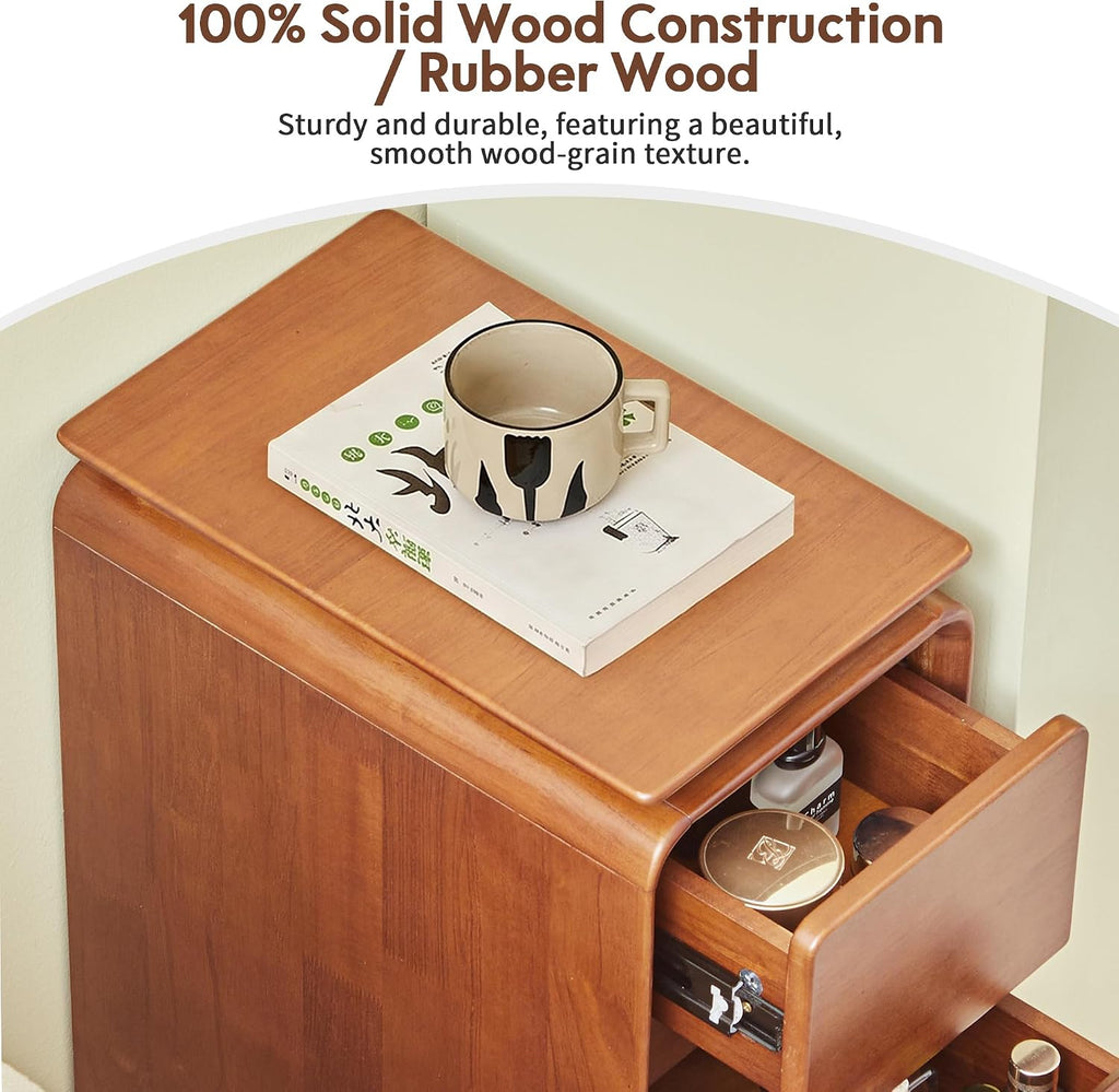Solid Wood Nightstand, Fully Assembled Narrow Bedside Table with 3 Drawers & Hidden Handles, Mid-Century Modern End