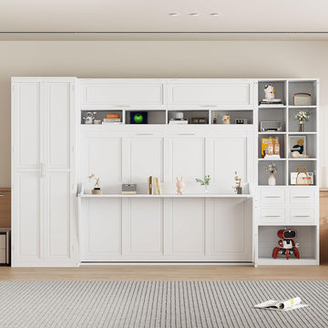 Queen Horizontal Murphy Bed with Desk, Folding Murphy Bed Cabinet with Wardrobe Storage Drawers and Shelves, Hideaway