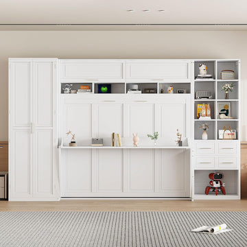 Queen Murphy Bed with Tall 90.6" Closet Wardrobe & Shelves & Drawers, All-in-One Multi-Storage Side Flip Wood MDF