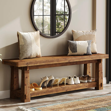 Solid Wood Entryway Bench, 55" Rustic Bench Seat with Shoe Storage, 350 LB
