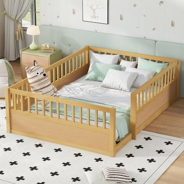 Full Size Kids Montessori Floor Bed Frame with High Fence,Natural | Solid Wood,Full Surround Safety Guardrails,Slat