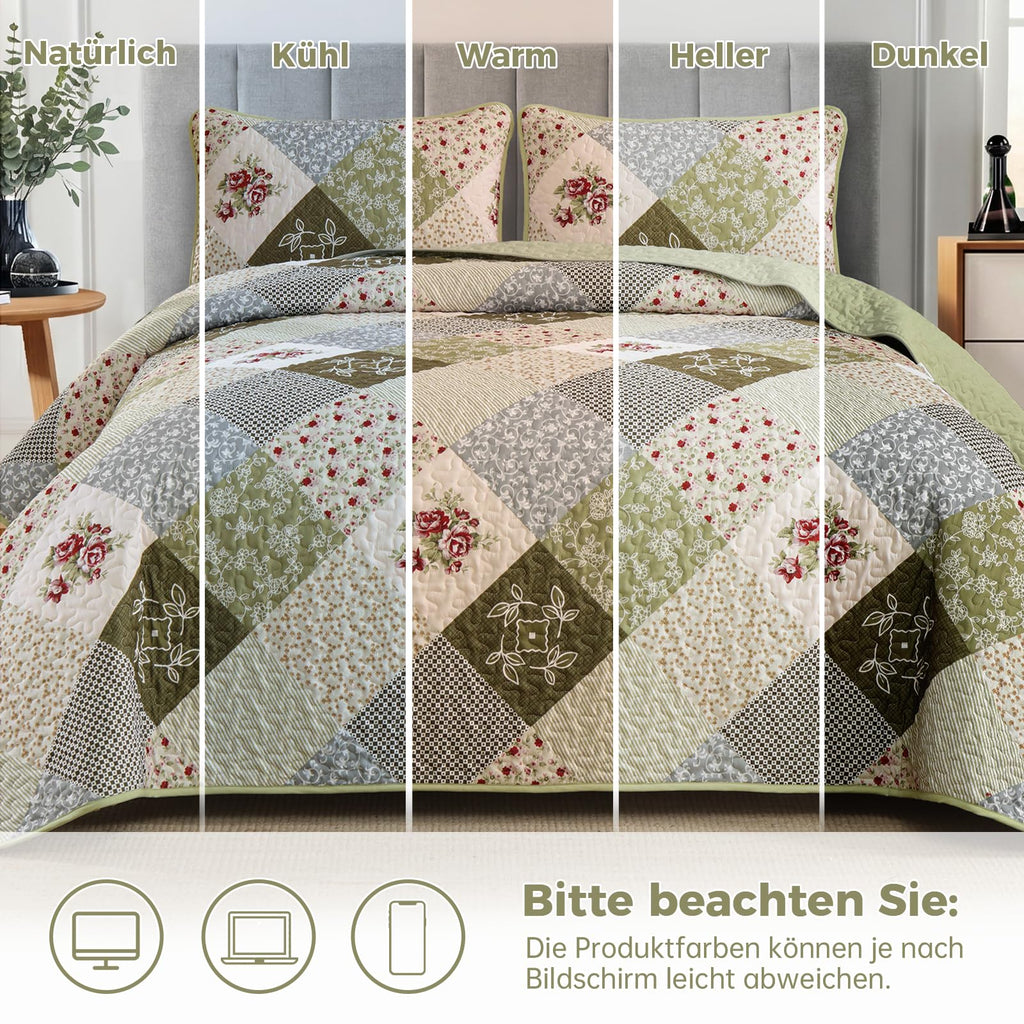 Patchwork Quilt Set, Boho Bedding Set, Oliver Green