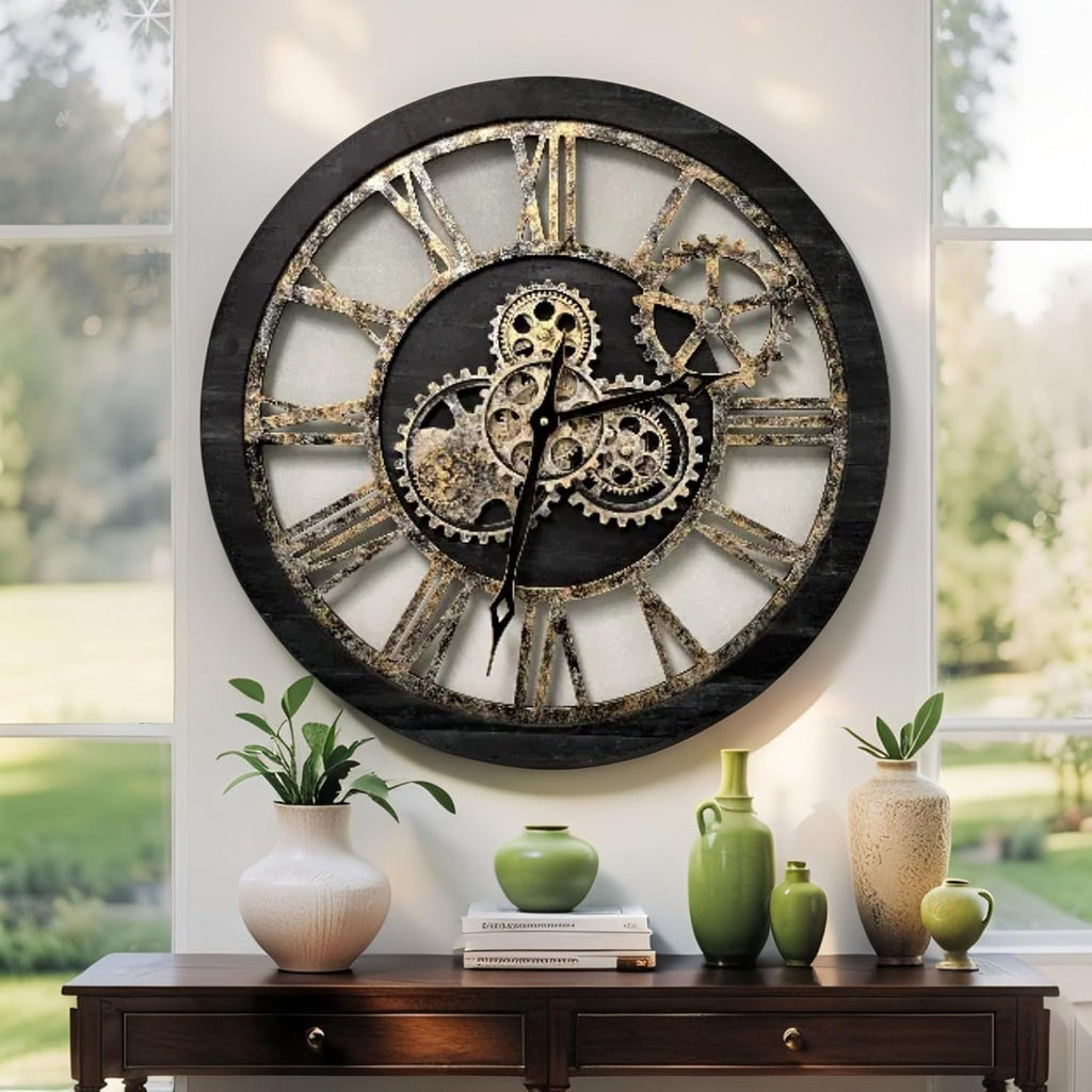 ImprovingLife The Gears Clock The Original Real Moving Gear Wall Clock Vintage Industrial Oversized Rustic Farmhouse (24 inch (60cm),...