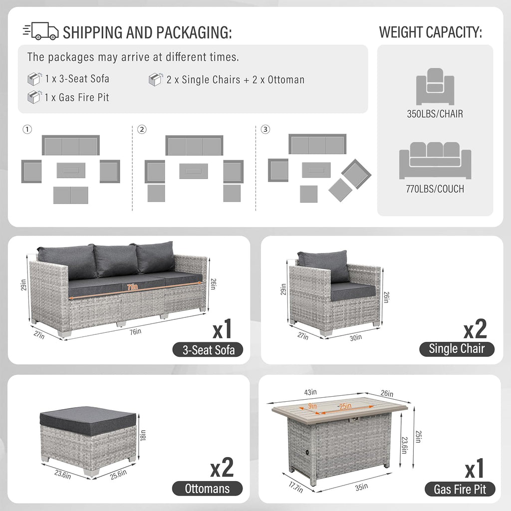 Patio Furniture Set 6 Piece PE Rattan Outdoor Conversation Sets Grey Wicker Couch Sectional Sofa with Fire Pit