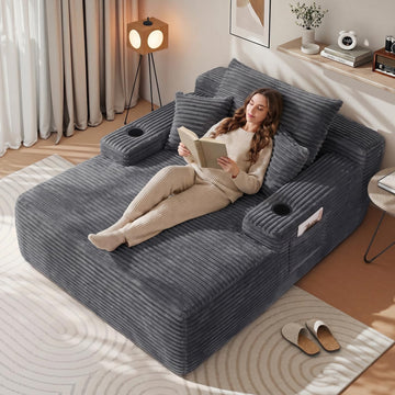 65" Boneless Chaise Lounge, Oversized Corduroy Sleeper Bed with Cup Holders & Side Pockets - No Assembly, Reading