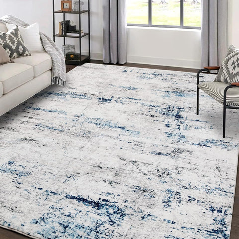 5x7 Modern Abstract Area Rug, Soft Non-Slip Indoor Carpet for Living Room Bedroom White Grey Blue