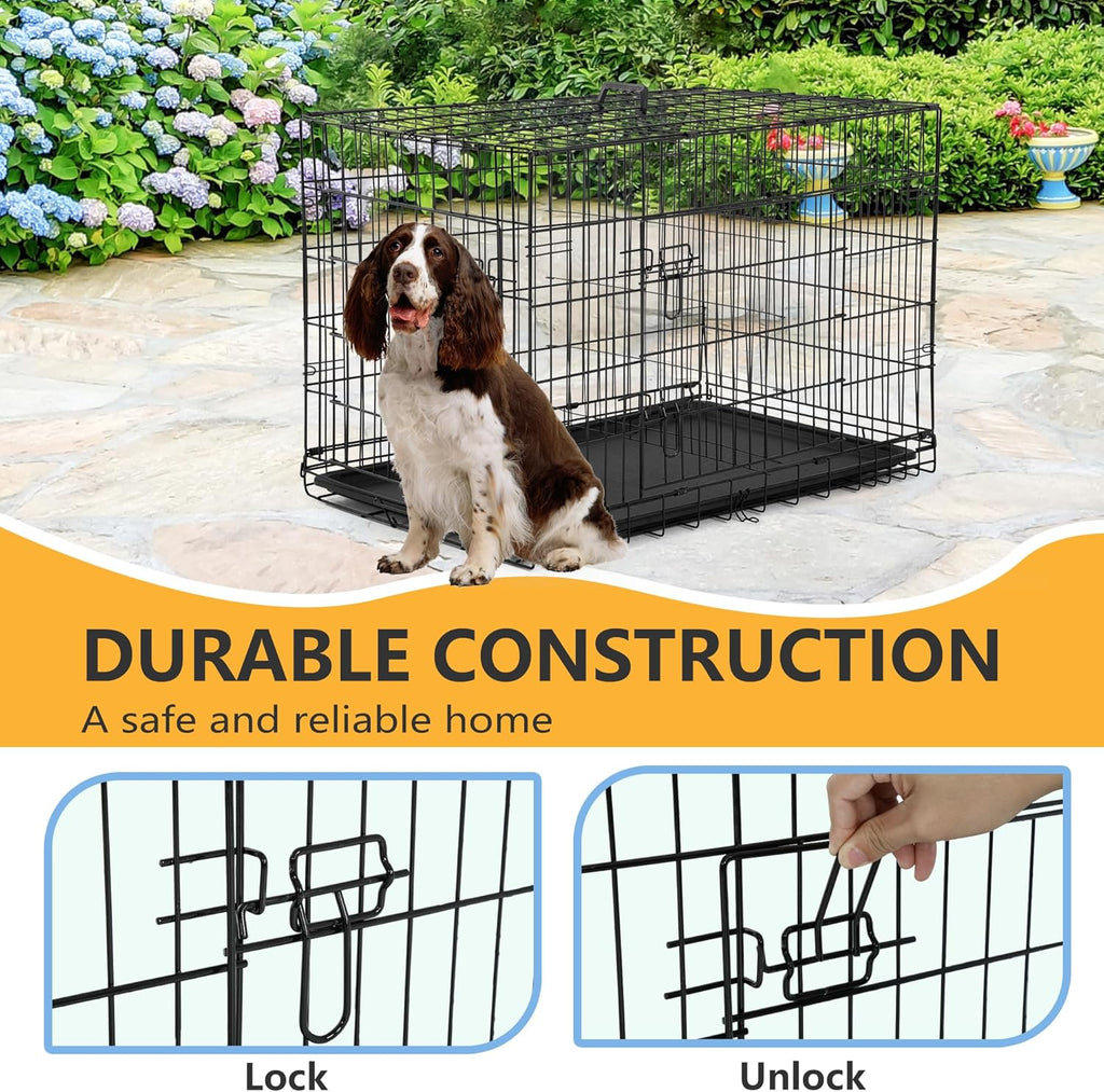 Dog Crate Dog Kennel Cage with Double Door,36 inch Folding Metal Wire Dog Cage with Removable Tray&Divider Panel,Pet