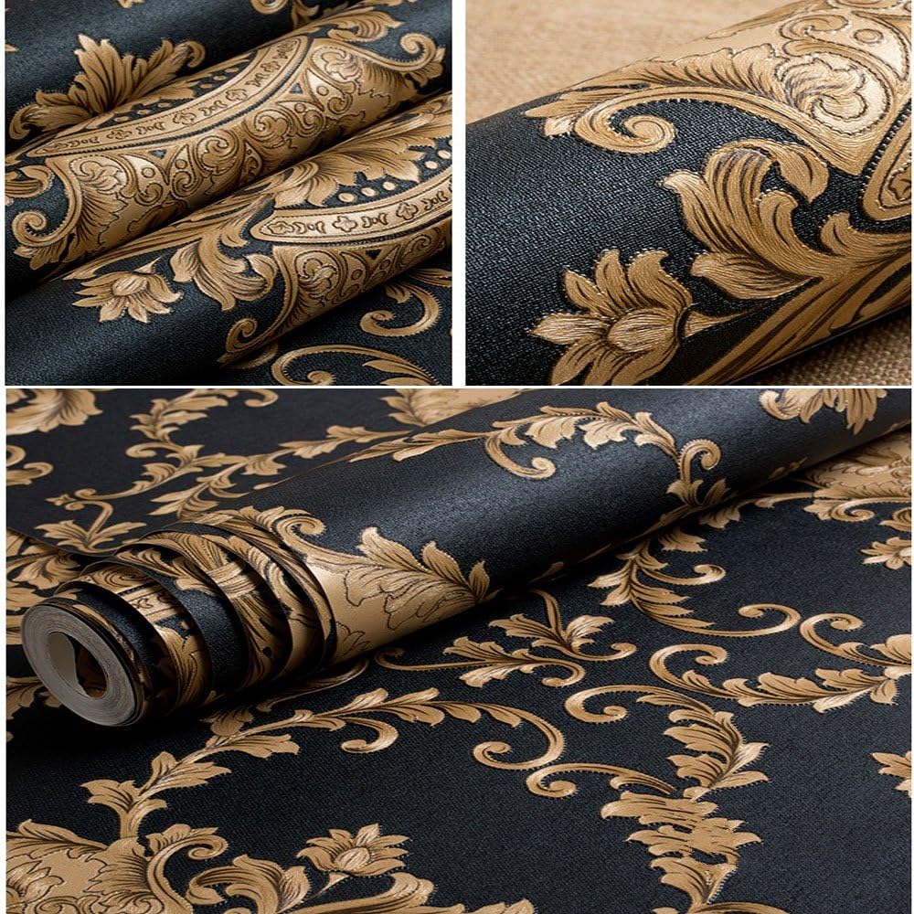 European Classic Black Damask Stereo Deep Embossed Wallpaper | Hotel TV Backdrop Wall