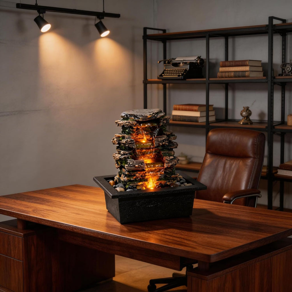 Tabletop Water Fountain, Home Décor Soothing Sound Machine with Automatic Pump, Deep Basin and Natural River Rocks.