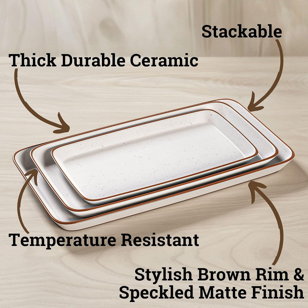 Ceramic Serving Platter Set of 3, Rectangular Plates, 16, 14, 12 inches | Thick Durable Ceramic, Stackable