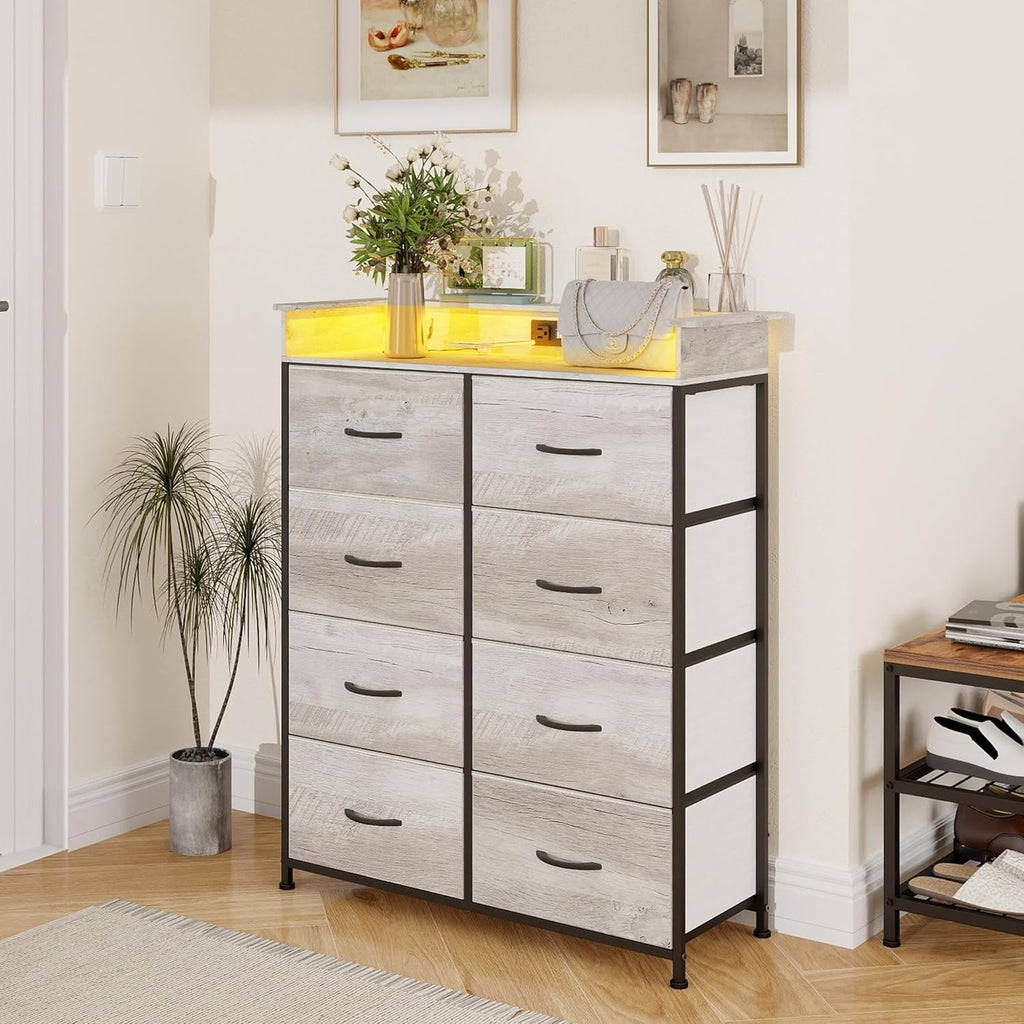 Dresser with Charing Station Grey Dresser with LED Lights Tall Dressers with 8 Drawers Storage Tower for Closet