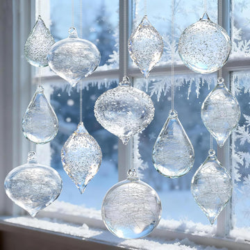 Clear Glass Christmas Ornaments,12-Pc Hand Blown Crystal Ball Decorations - Set of 12