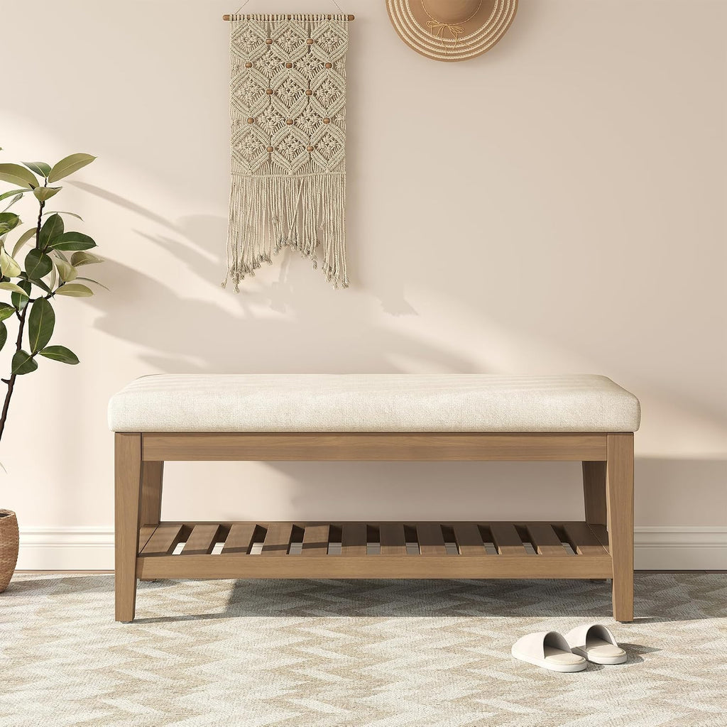 45" Shoe Rack Bench with Cushion, Solid Rubberwood Entryway Bench with Shoe Storage, Modern Chenille Upholstered Shoe