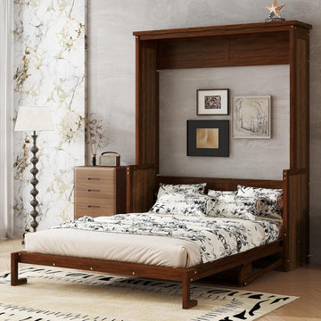 Queen Murphy Bed with Desk, Wood Wall Bed with Gas Struts, Space Saving Foldable Murphy Bed for Small Spaces, Guest