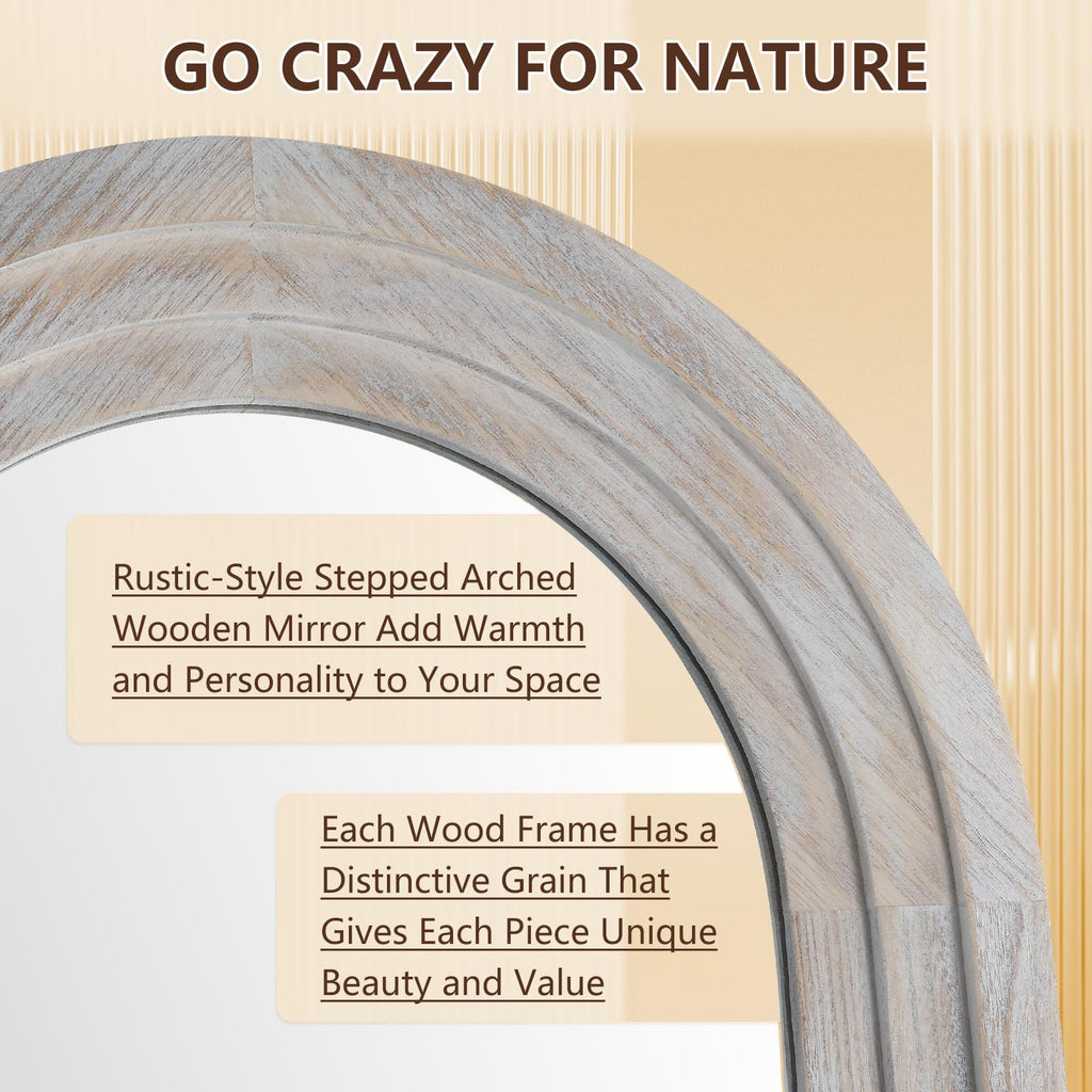 Rustic Wood Floor Full Length Mirror with Stand, 64"X21" Arched
