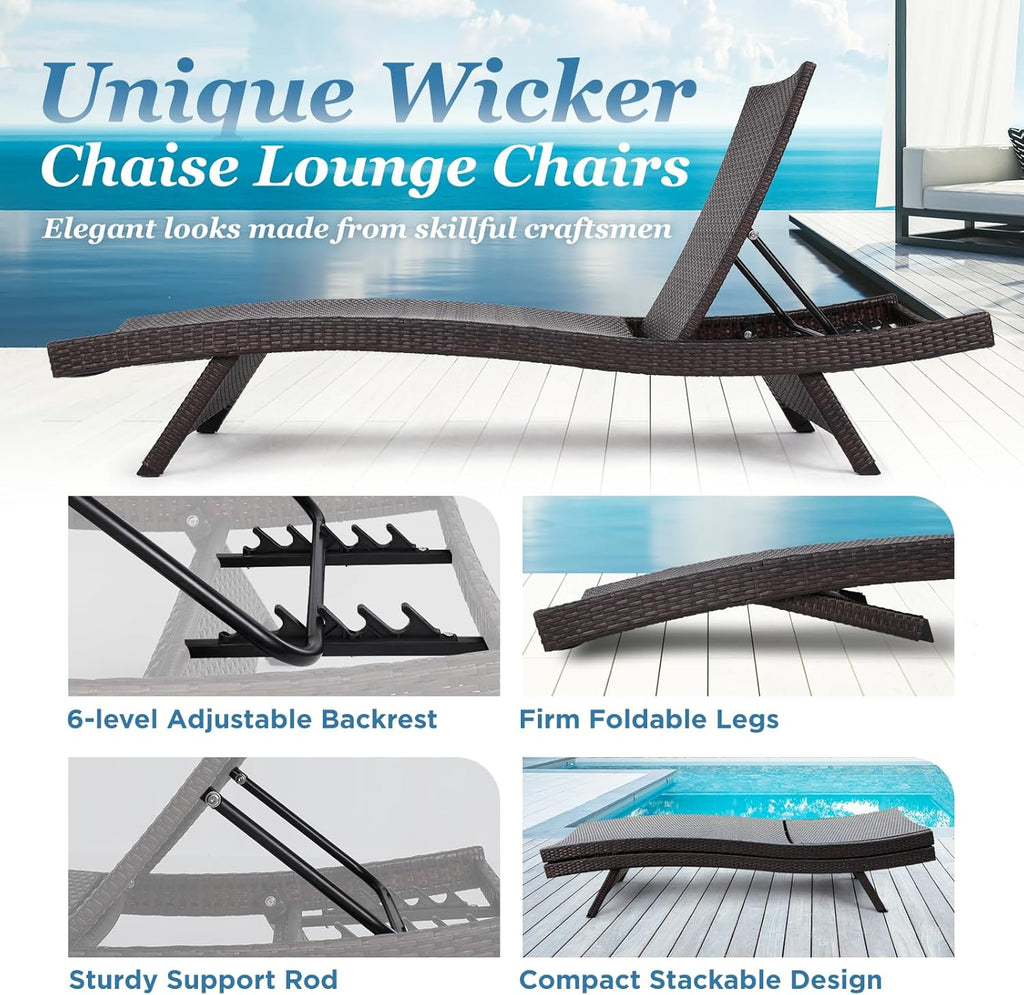 Katalina Chaise Lounge Set of 2-500lbs Support, UV Wicker, Ergonomic Wave Design, Reclining Backrest
