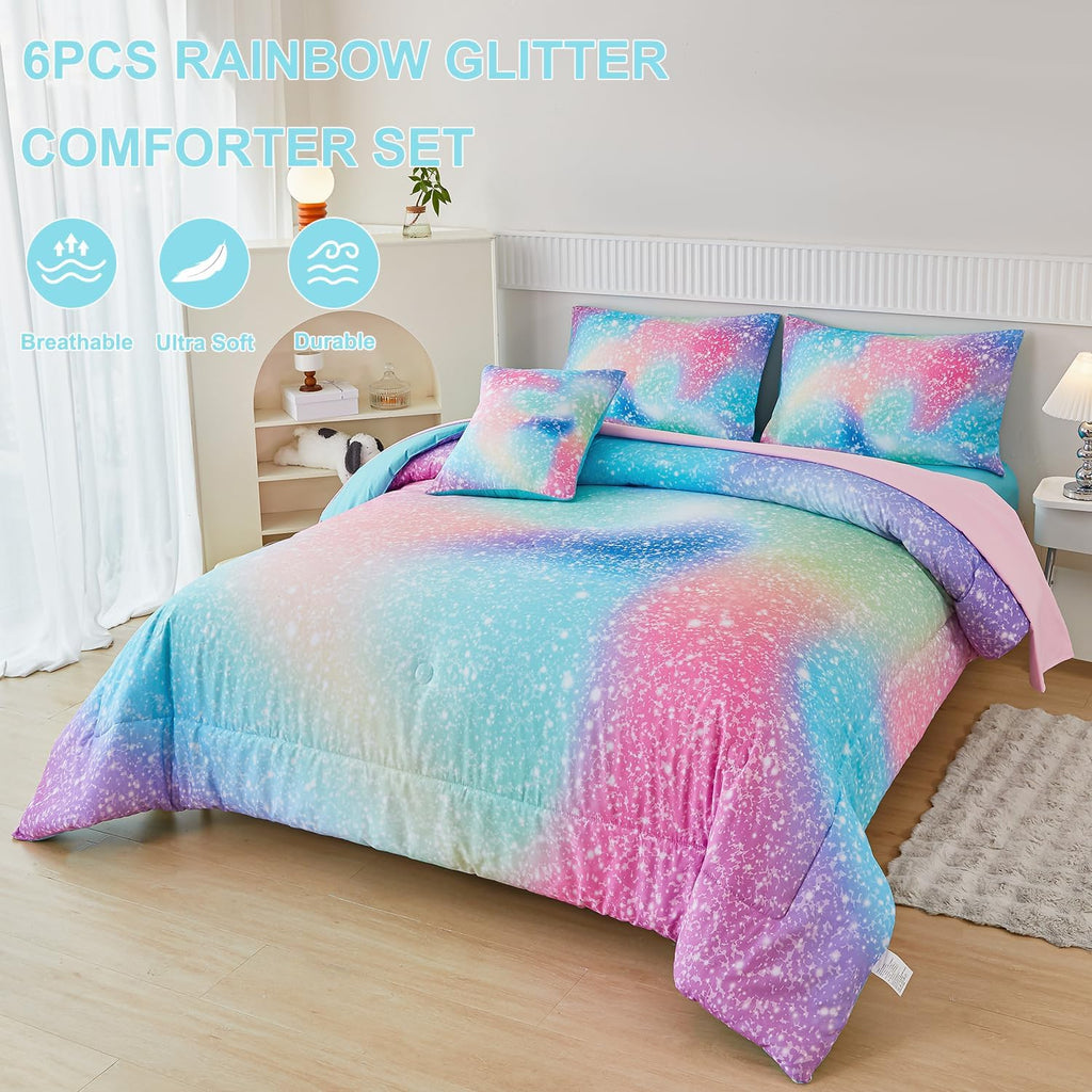 Pink Green Girls Comforter Set, 6 Pieces Colorful Rainbow Kids Bedding Sets, Tie Dye Ombre Glitter Bed in A Bag