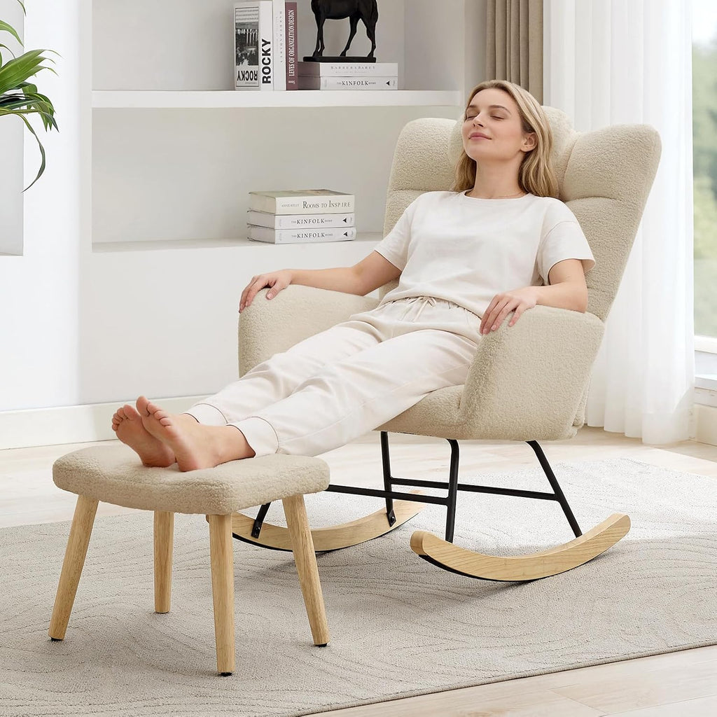 Nursery Rocking Chair with Ottoman, Teddy Upholstered Glider Rocking Chair with High Backrest, Armchair Reading Chair