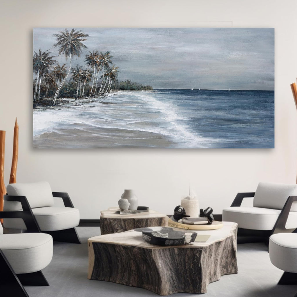 Coastal Wall Art Blue Gray Beach Wall Decor Landscape Abstract Canvas Painting Modern Ocean Artwork Framed Bedroom