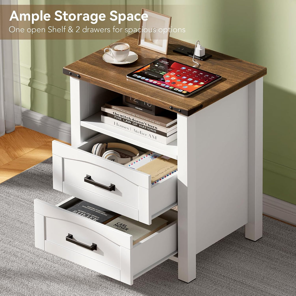 Farmhouse Nightstand Set of 2 with Charging Station, 18'' Wide Rustic End Table with USB/Type-C Ports, 2 Drawers &