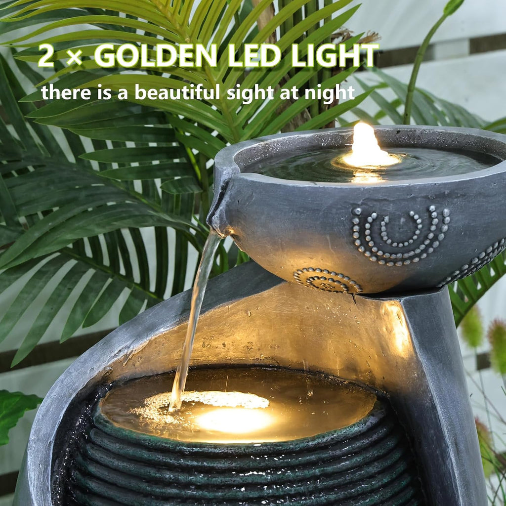 Vase Outdoor Water Fountain, 31.4''H Jar Waterfall Fountain with Warm LED Lights&Durable Pump, Porches, Home Décor