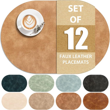 Placemats, Heat Resistant Oval Placemats Set of 12 Washable 12 x 17 Inch, Waterproof Table Mats, Wipeable Pu Place