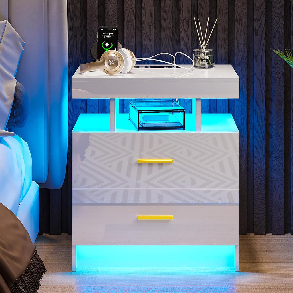 Night Stand Set of 2 with RGB Lights, LED Nightstand with Charging Station, Modern Bedside Table with 2 Drawers