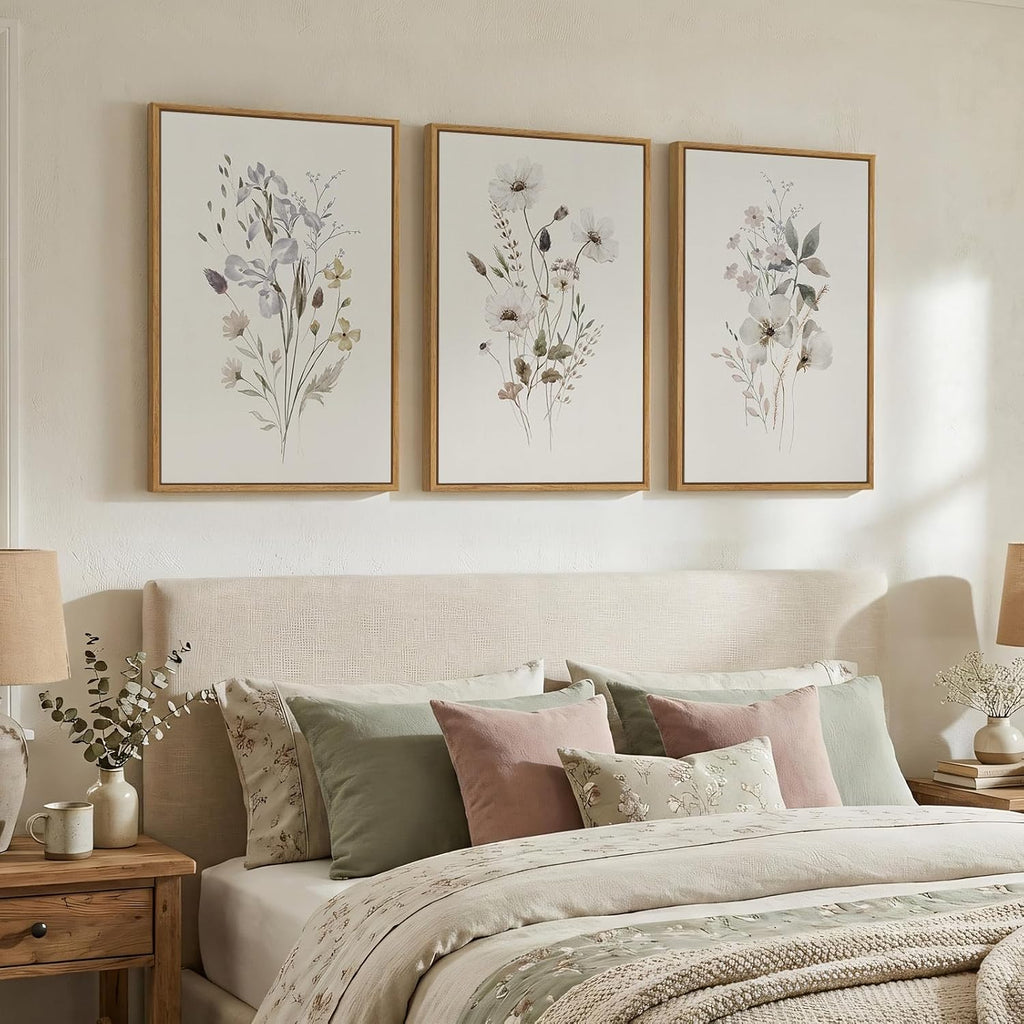 Framed Neutral Floral Botanical Wall Art Set of 3, Modern Farmhouse Flower Canvas Prints Paintings, Rustic Minimalist