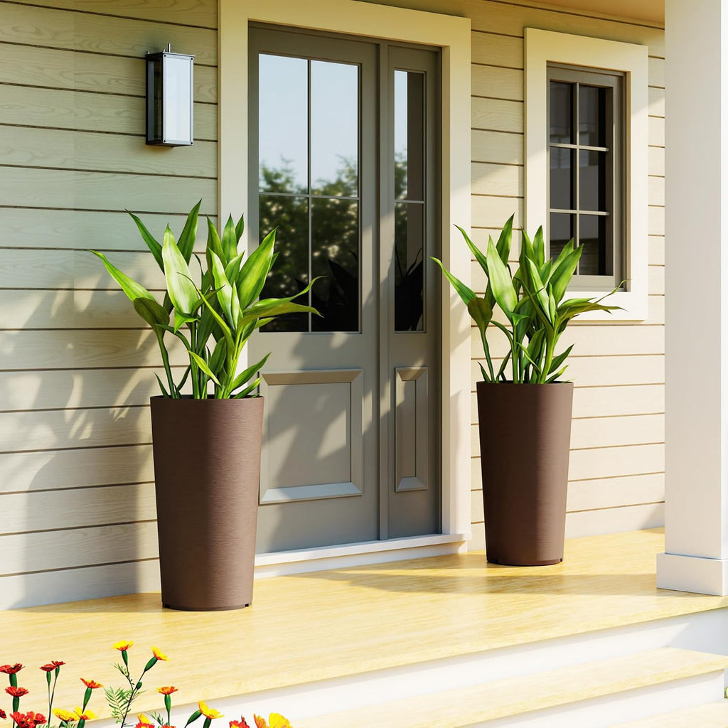 29 Inch Tall Planters for Outdoor Plants Set of 2, Brown | Plastic Flower Pots, DIY Drainage Holes, Stackable Large